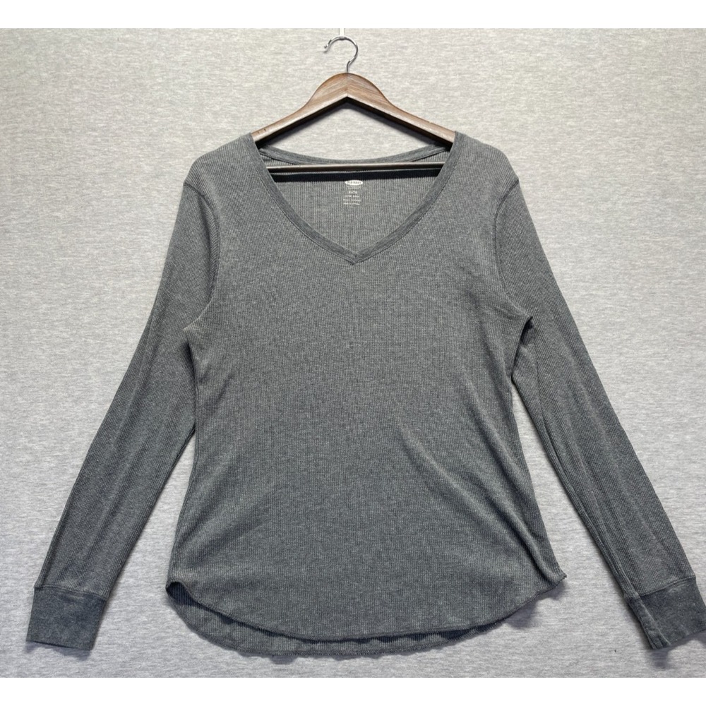 Old Navy Waffle Knit Thermal Fitted Top Womens XL Gray Stretch V Neck Curved Hem